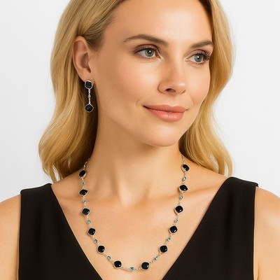 Premium Quality Black Onyx - Brazil & Sky Blue Topaz 925 Silver Necklace N-1024