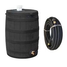 Good Ideas Rain Wizard 50 Gallon Plastic Rain Barrel, Black with 50' Soaker Hose
