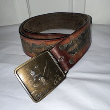 Vtg Indiana Metal Great Horned Owl Southwestern Tooled Leather Mens Belt Sz 36
