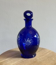 Vintage Czech Bohemian Cobalt Blue Cut to Clear Crystal Decanter Pinwheel Star