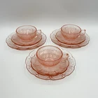 Set of 3 Jeannette Glass Cherry Blossom Pink Depression Cup Saucer & Dessert Set