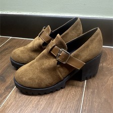 Brown Suede Mary Jane Chunky Heel Platform Shoes with Buckle Adjustable Strap