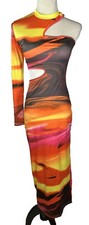 SheIn Multicolor Long Dress Size Small High Neck One Sleeve Peek A Boo Areas NWT