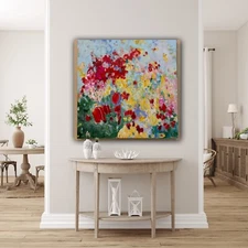 OOAK Original Acrylic Painting Garden Floral Landscape Abstract 24x24” Pure Joy