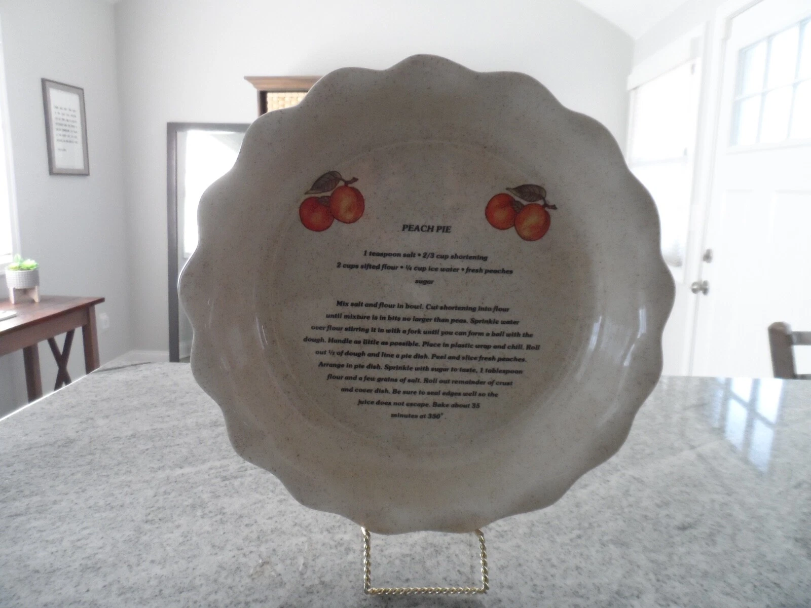 VTG CERAMIC PEACH PIE RECIPE 11 1/2" PIE DISH~BELL CERAMICS~1976~MADE IN USA