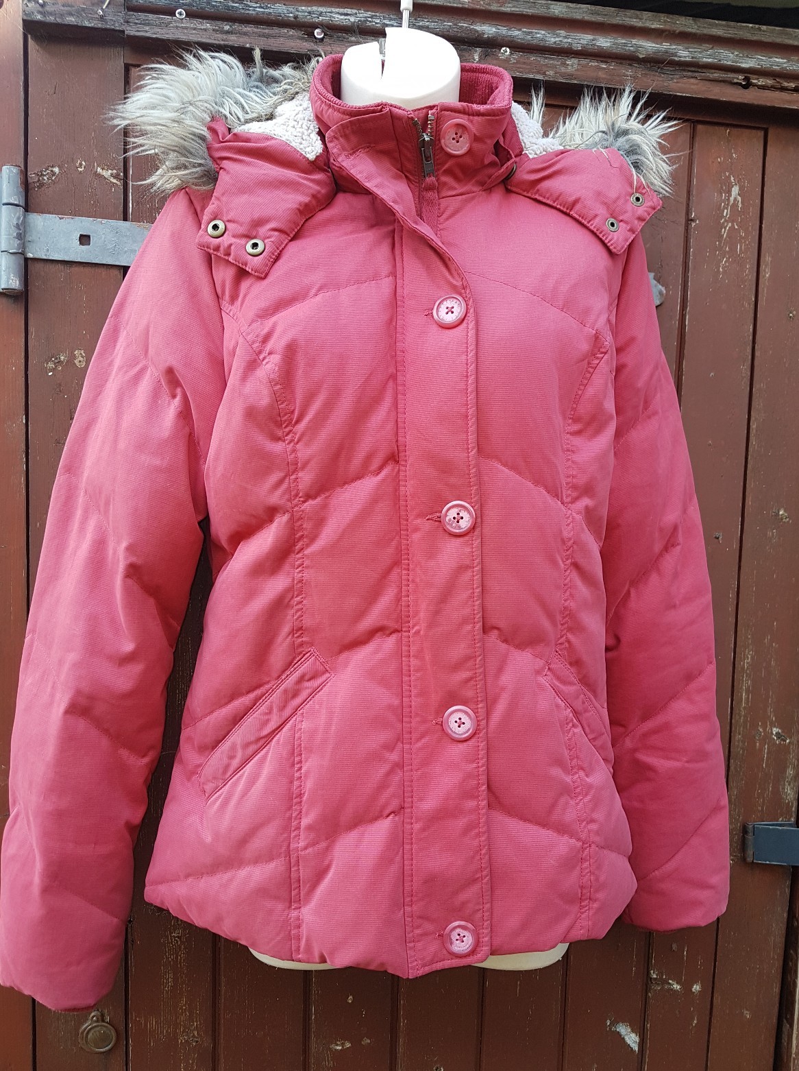 Cosy FAT FACE Red Hooded Jacket/Coat, Faux Fur, Down/Feather Padding, Size 12