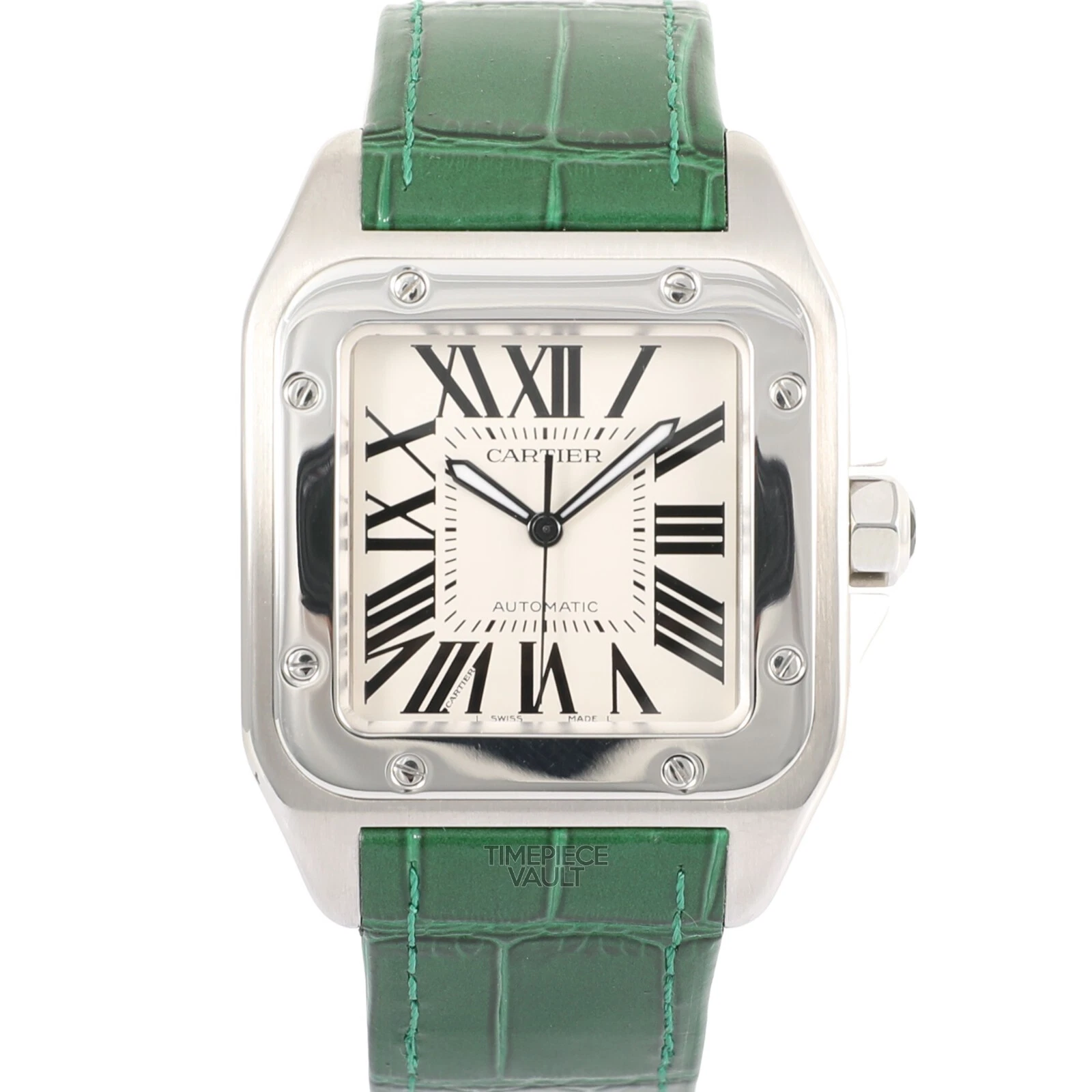 Cartier — Cartier Men Santos 100 XL Steel W20073X8 2656 Automatic White Dial Green Leather