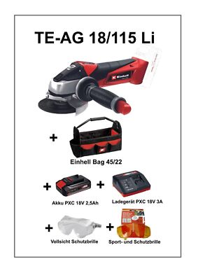 Einhell  Akku-Winkelschleifer TE-AG 18/115 Li, Akku, Ladegerät, Tasche, 2 Brille