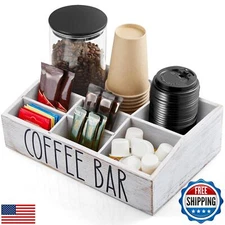 ALELION White Coffee Station - 7 Compartment Rustic Bar with Removable Divide