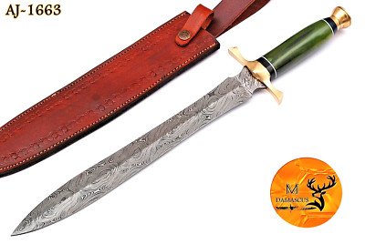 HANDMADE FORGED DAMASCUS STEEL DOUBLE EDGE BLADE SWORD W/ CAMEL BONE HANDLE-1663