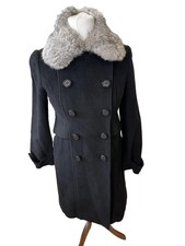 Cacharel Baby Jane Black Wool Coat Size Small Detachable Grey Rabbit Fur Collar