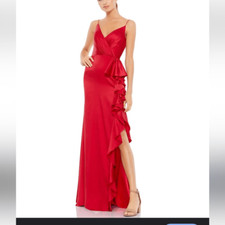 Mac Duggal 67815 Satin Ruffle Asymmetrical Gown Red | Size 8