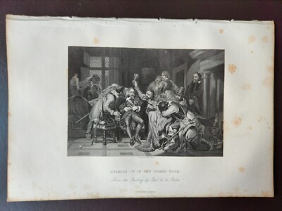  ANTIKER ORIGINAL S/W GRAVUR - CHARLES I IM WACHZIMMER - 1870CA