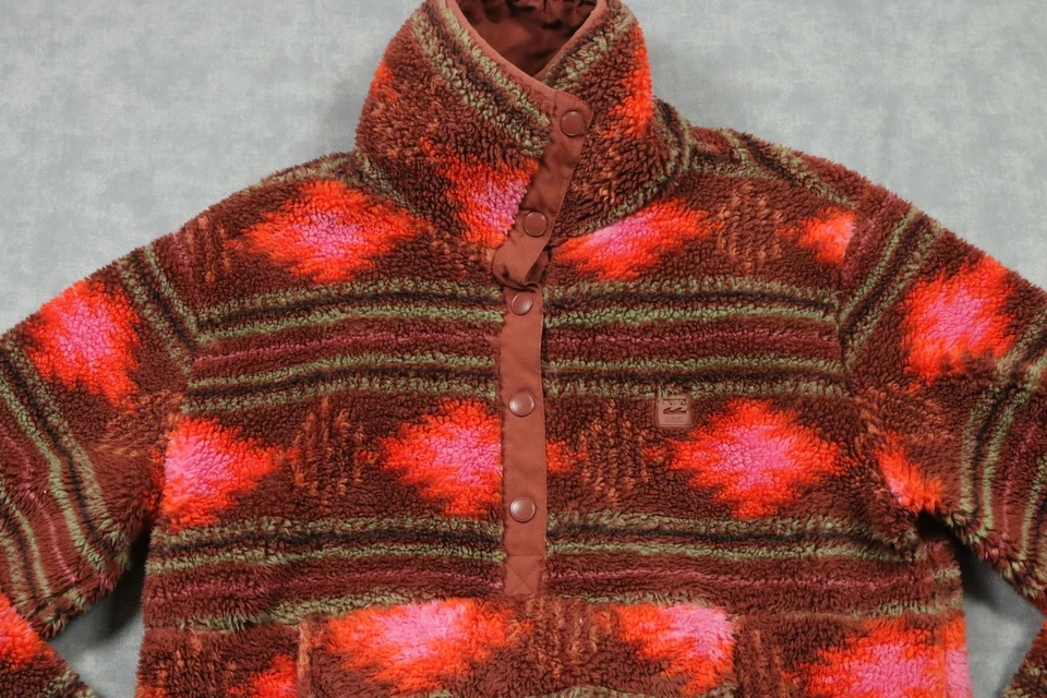 Billabong ADiv Sherpa Fleece Pullover Womens Medium Brown Red Aztec Snap Pocket - Image 2 of 4