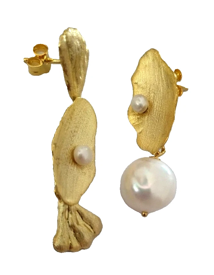 ♥ ORECCHINI pendenti in Argento 925 placcati Oro giallo 18kt con PERLA naturale - Immagine 2 di 4