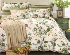Queen Floral Duvet Cover Set Cotton Reversible Green Beige Bedding 3Pc