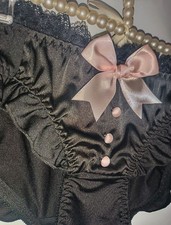 Black Satin Frilly Knickers Lace Trim Bow Detail buttons detail size XL 12-14