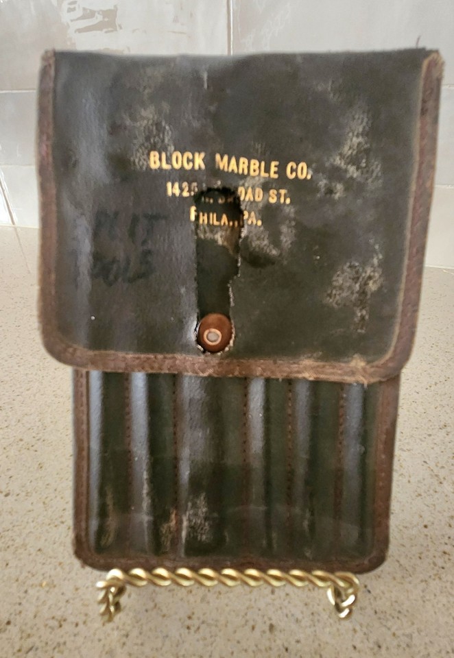 A genuine 1940s–50s leather tool pouch from Block Marble Co. used for vintage pinball machine repair — a hyper-niche relic that tells a whole story.