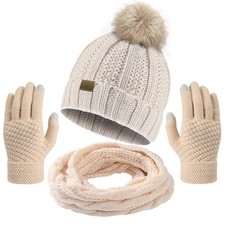 3Pcs Winter Beanie Hat Circle Scarf Touchscreen Gloves Set Fleece Lined Warm Gif