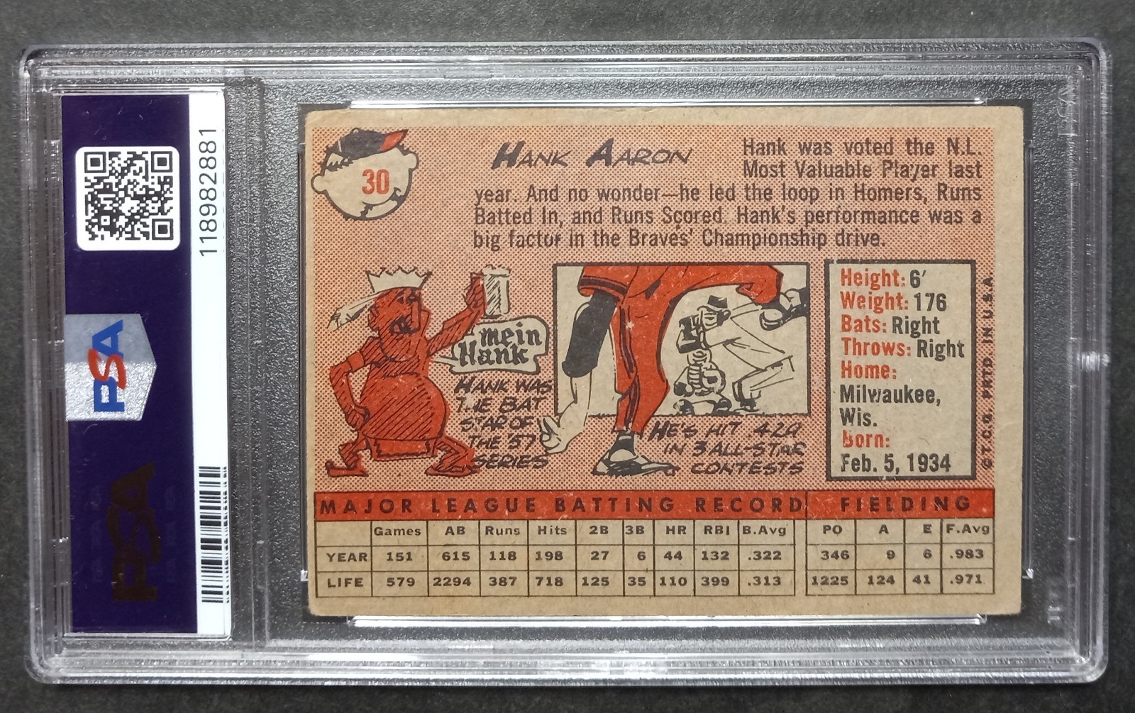 1958 Topps - #30 Hank Aaron - HOF - PSA 3 VG view 2