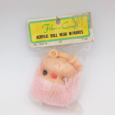 Fibre-Craft Acrylic Doll head w/ hands No. 7569/16 3.5" Pink Hair Mitzy NOS