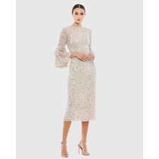 NWT Mac Duggal Nude Silver Sequined Ruffle Tiered 3/4 Sleeve Midi Dress Plus 22