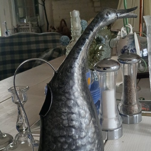 Metal Goose Decorative Watering Can Pitcher, Silver/Black, Long Spout