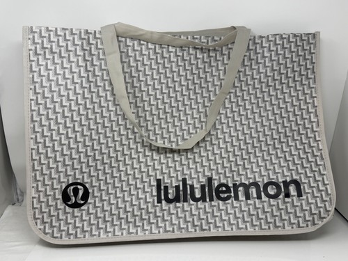 Lululemon Reusable Shopping Gift Bag Yoga Tote 21"x14"  White Brown Print