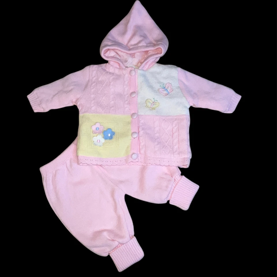Conjunto Suéter Pantalones Tejido Vintage Bebé Niña Rosa Floral Mariposa Foto 2 de 4