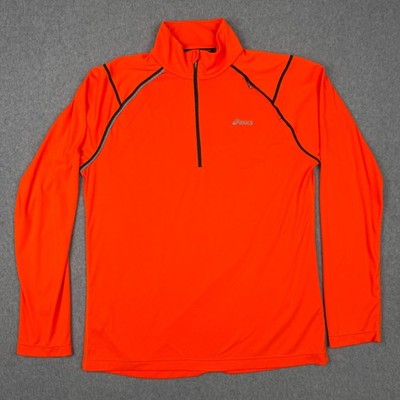 Asics Quarter Zip Pullover Running Top Mens M Orange Logo Thumb Hole Mock Neck