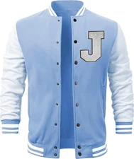 Men's Bomber Varsity Jacket Color Blue Leather Long Sleeve Unisex Baseball Style