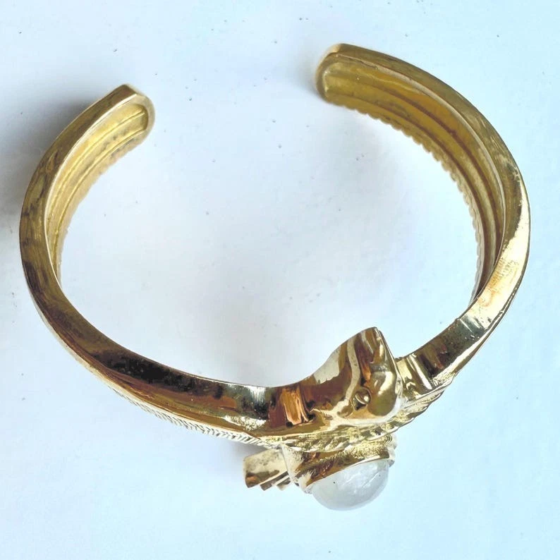 925 Silver&Gold Plated Eagle With Moonstone Gemstone Wildlife Unisex Cuff Bangle - Image 3 of 4