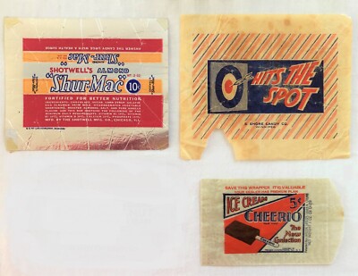 3 Candy Wrappers:  Cheerio, Hits the Spot, Shur Mac