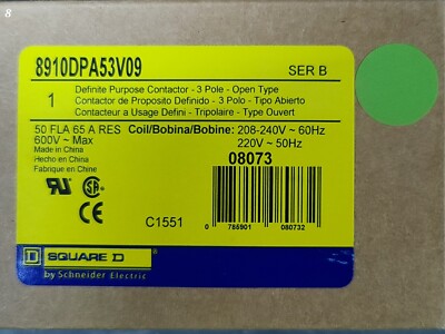Square D 8910DPA53V09 65A Res 50FLA 600V Definite Purpose Contactor
