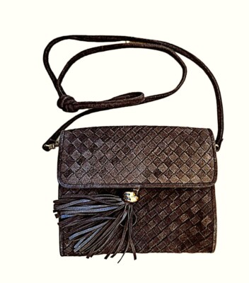 Vintage Aspects Brown Suede Woven Leather Tassel Crossbody/Clutch EUC