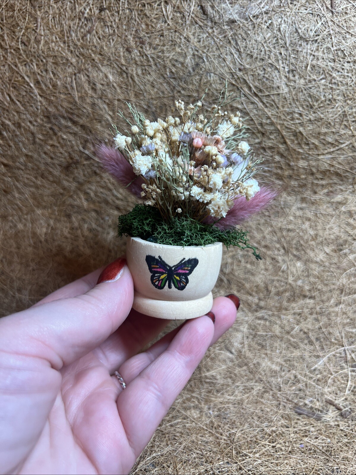 Dried Flowers In Little Wooden Pot. Butterfly Pot. Christmas Birthday Gift.-image