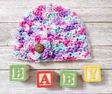 crochet handmade baby flower hat newborn purple pink dream puffs new