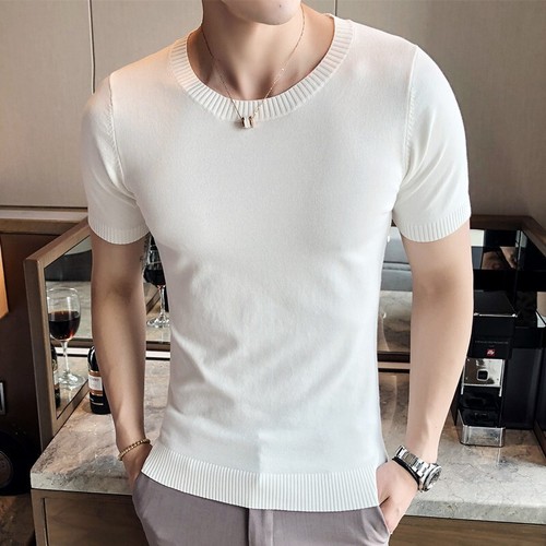 Men's Fashion Ice Silk Knitted V-neck Thin Fashion Slim Short Sleeve T-shirt - Picture 32 of 44