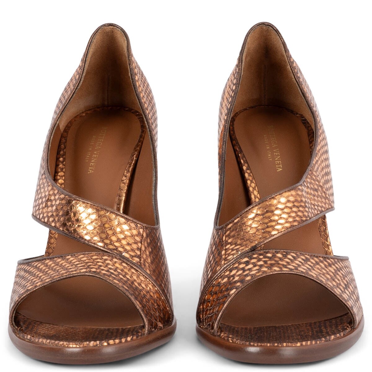 68439 auth BOTTEGA VENETA metallic copper Faux Sankeskin Sandals