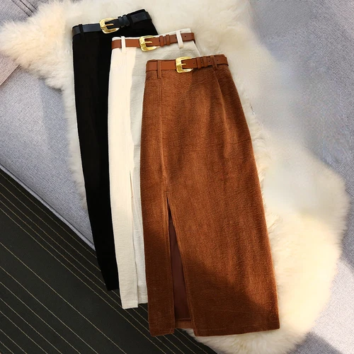 Women Midi Corduroy Skirt A-line Pencil Side Slit with Belt Retro Casual Dress - Bild 3 von 21