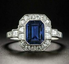 Art Deco Style Blue Sapphire Emerald Cut CZ Wedding Ring 925 Sterling Silver