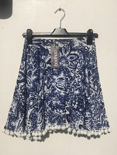 Boohoo Size 8 Blue White Pom Pom Skater Skirt Bnwt