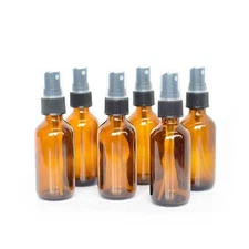  6 Amber 2oz Boston Round Glass Bottle Black Spray Fine Ribbed Mist Sprayer 60ml