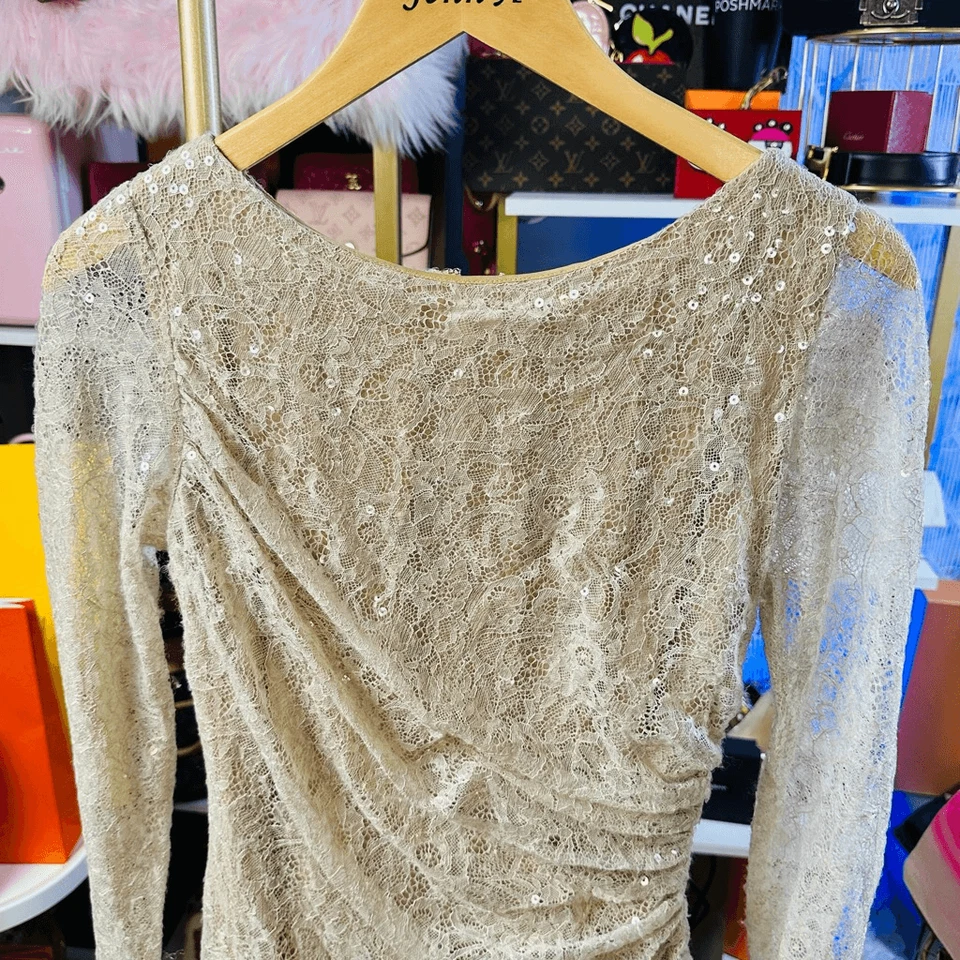 Vestido Carmen Marc Valvo Crema Manga Larga Lentejuelas Encaje Talla 8 Acanalado Fiesta Gala Foto 2 de 4