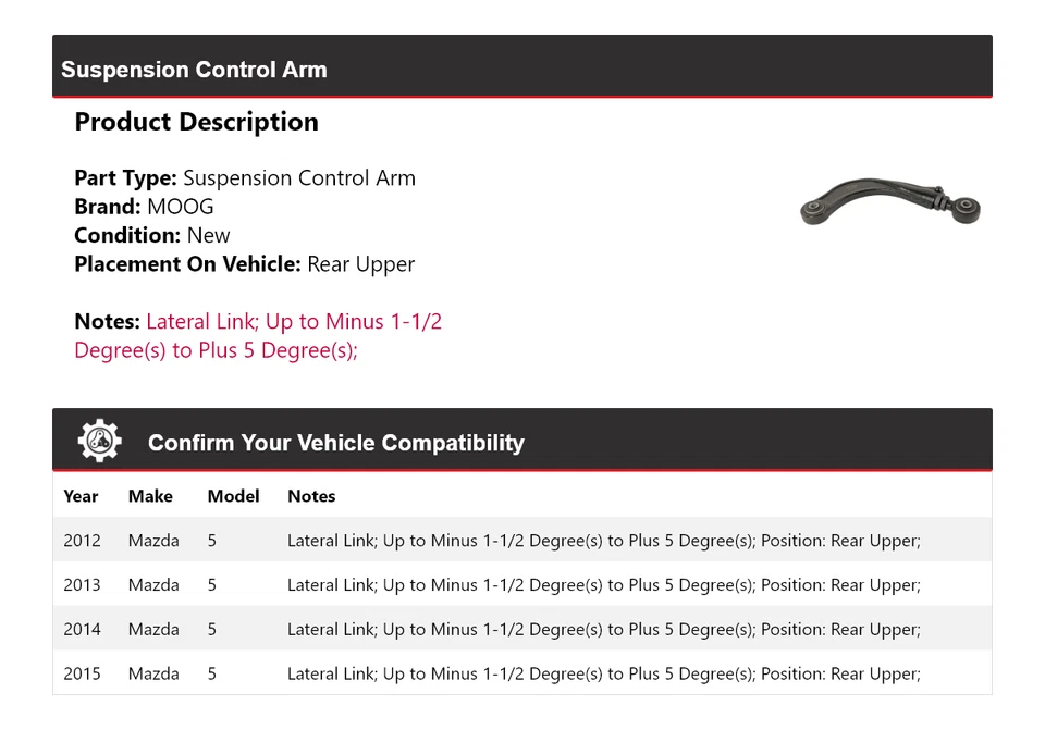 Brazo de control de suspensión trasero superior MOOG 2012 2013 2014 2015 para Mazda 5 2012-2015 Foto 2 de 4