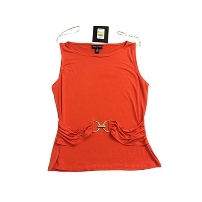Halston Ruched Sleeveless Knit Premium Top Womens M Orange NWT Gold Buckle