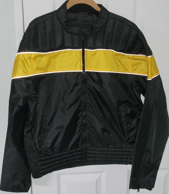 AllState Leather Motorcycle Black Yellow Jacket Siz L Biker Rider Rain Polyester
