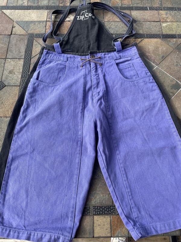 RARE Vintage 90’s Hip Hop  “Zip Code” Denim Overall Purple Black Shorts 30”
