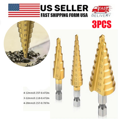 3PC Titanium Step Cone Drill Hole Cutter Bit HSS Large Set Tool 3-12/4-12/4-20mm