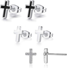 925 Sterling Silver and Stainless Steel Cross Stud Earrings for Women Men, 3 ...